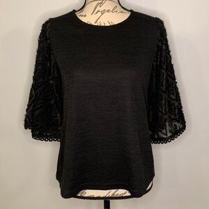 THML knit top with semi sheer wide eyelash sleeves S